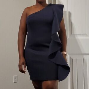 One Shoulder Frilled Scuba Mini Dress